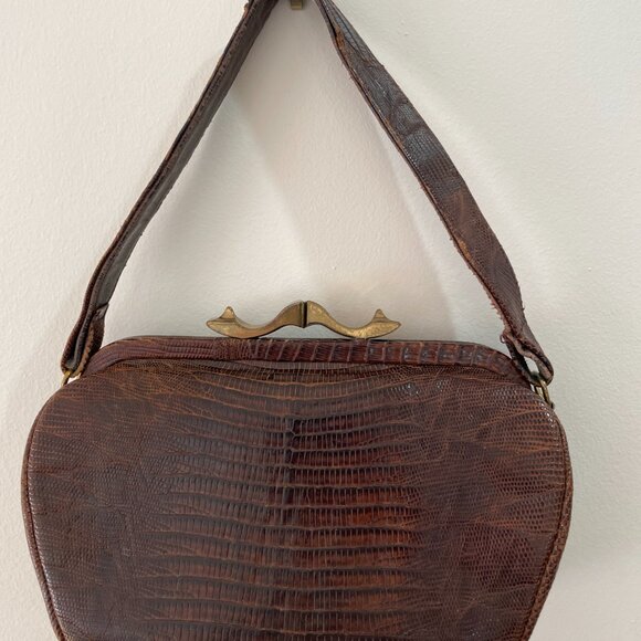 Vintage Genuine Brown Lizard Reptile Skin Leather Handbag Purse Satchel - Picture 2 of 7